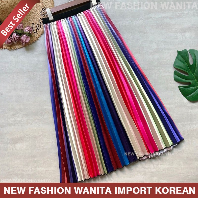 Rok Wanita Korea Panjang Import Terbaru | Rok Midi Skirt Plisket Pelangi | Rok Plisket Rainbow RD321