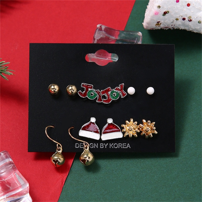 6 Pasang Anting Stud Desain Snowflakes Topi Tulisan Bell Untuk Pesta