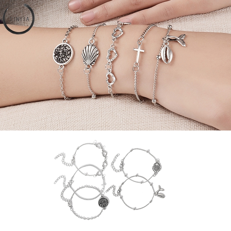 5Pcs / Set Shell Gelang Tangan  Model Simpul Berongga Fishtail Adjustable Fashion Bracelet