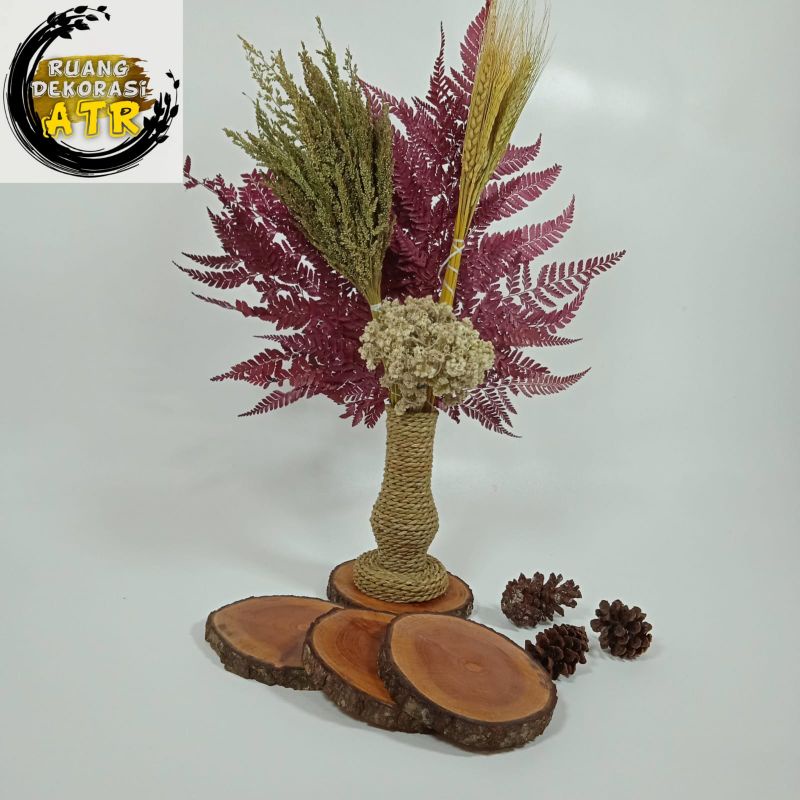 Paket Bunga Kering Vas 15Cm, Edelwais, Jawan, Gandum, Daun Pakis / Paket Hemat Bunga kering Dan Vas 