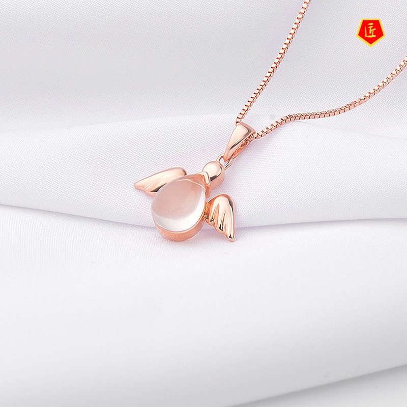 [Ready Stock]Korean Angel Necklace Rose Gold Pink Crystal Women's Pendant Sweet Elegant