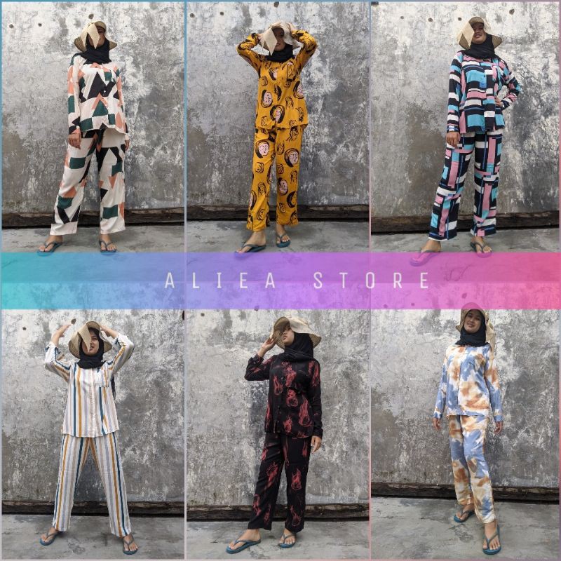 ONESET SETELAN KEMEJA PAJAMAS PIYAMA MOTIF KEKINIAN RAYON PREMIUM TWILL