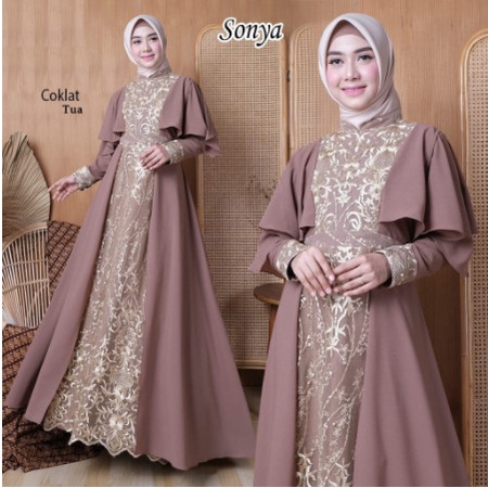 PREMIUM GAMIS TERBARU 2021 SYARI LEBARAN PESTA KONDANGAN SONYA V2 MEWAH - COKLAT TUA