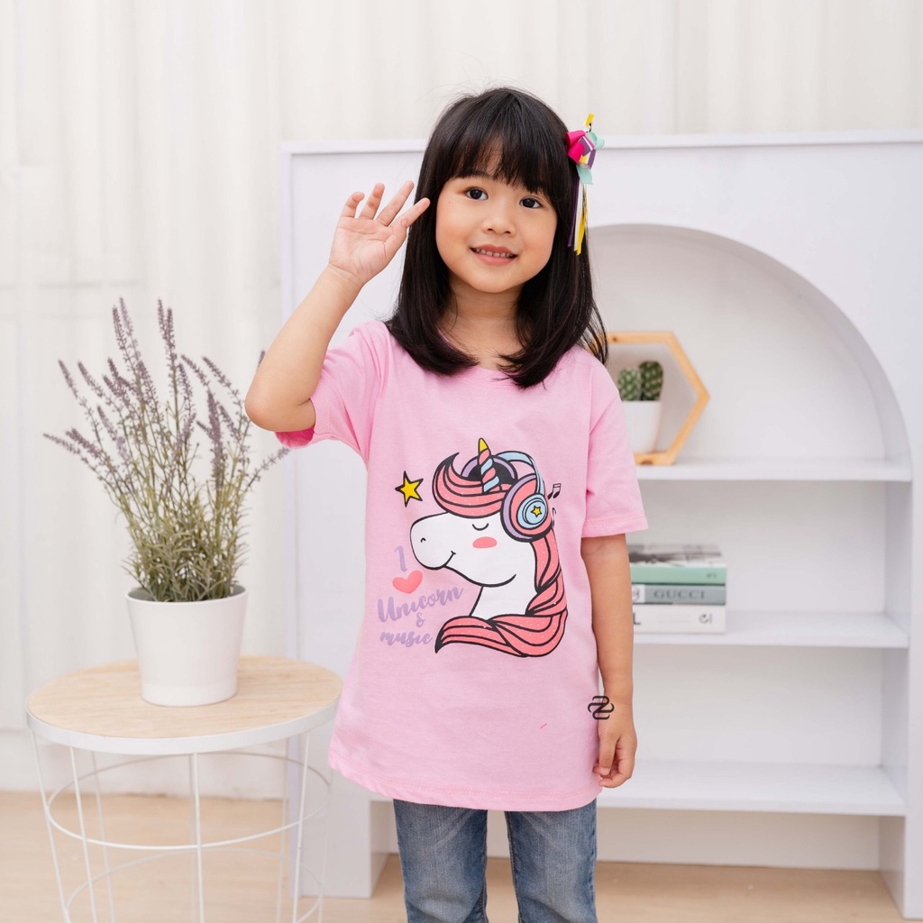 Baju Anak perempuan Lucu Gudang Grosir Kaos Distro Anak Cewek katun kombed Pakaian Anak perempuan lengan pendek Kaos anak santai  Unicorn Music Pink