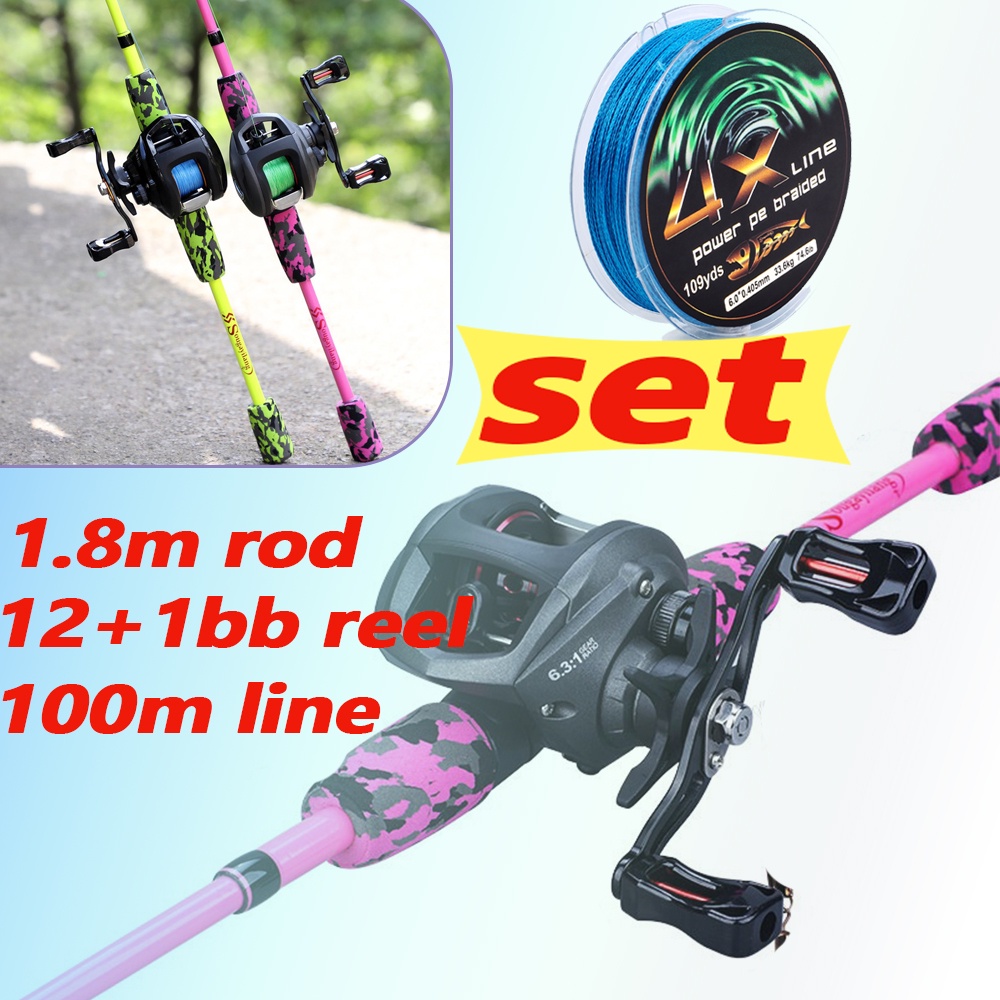 Set Pancing 1.8M Fishing Rod and Reel Combo Casting Rod and 12+1BB High Speed Baitcasting Reel Line Lure Hooks Bag Full Kit