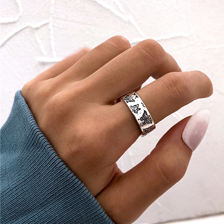 Vintage Butterfly Ring Retro Silver Letters Finger Rings for Women Jewelry Accessories Couple Ring