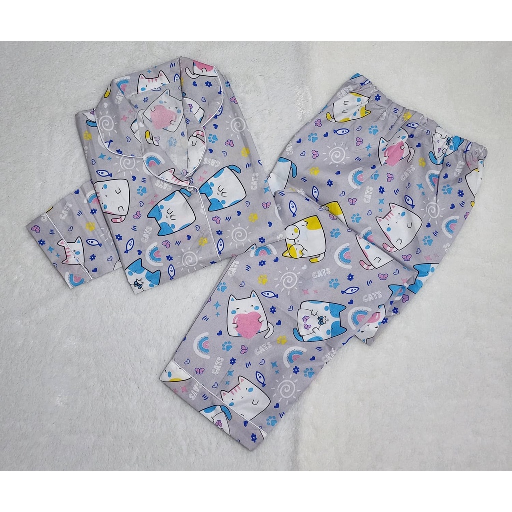 Baju Tidur Dewasa Gambar Lucu LD 104cm / Piyama Katun Lengan Pendek Celana Panjang CP-PP MINI CAT ABU L