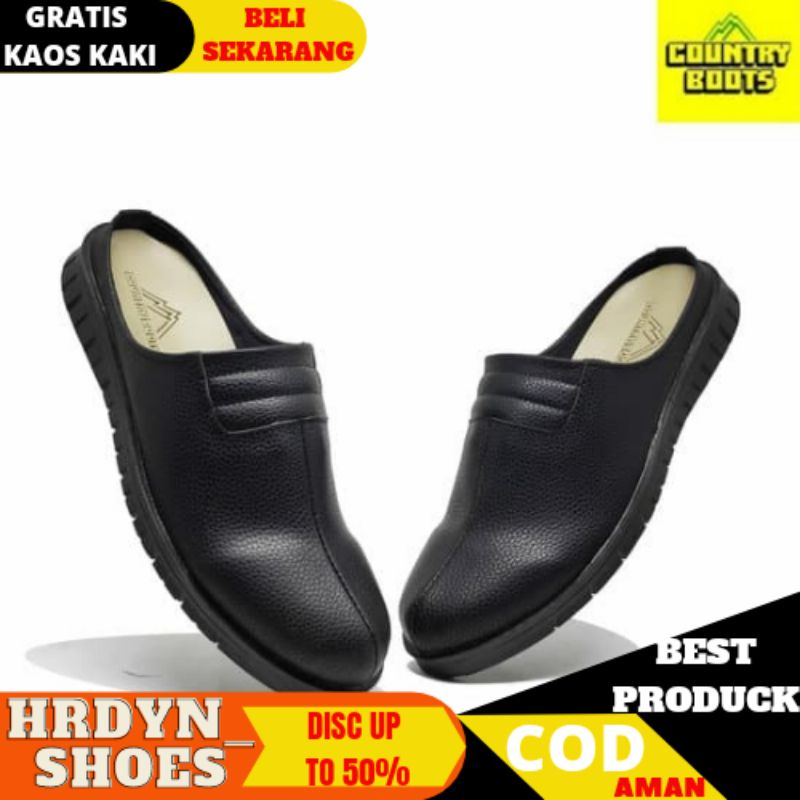 Sandal sepatu pria kulit asli warna hitam selop slop cowok countryboots leather shoes