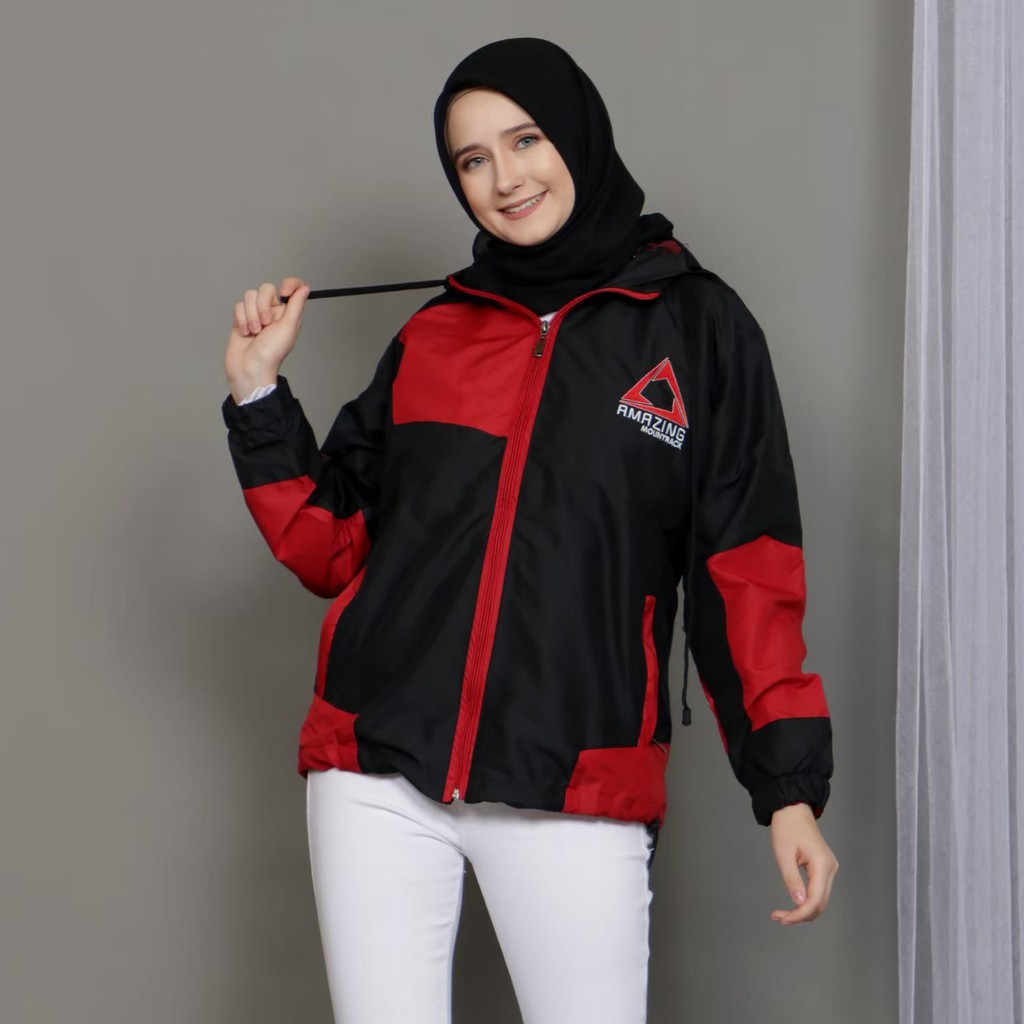 Jaket Parasut Hoodie Waterproof Wanita AMZ MOUNTLIGHT / Jaket Gunung Wanita