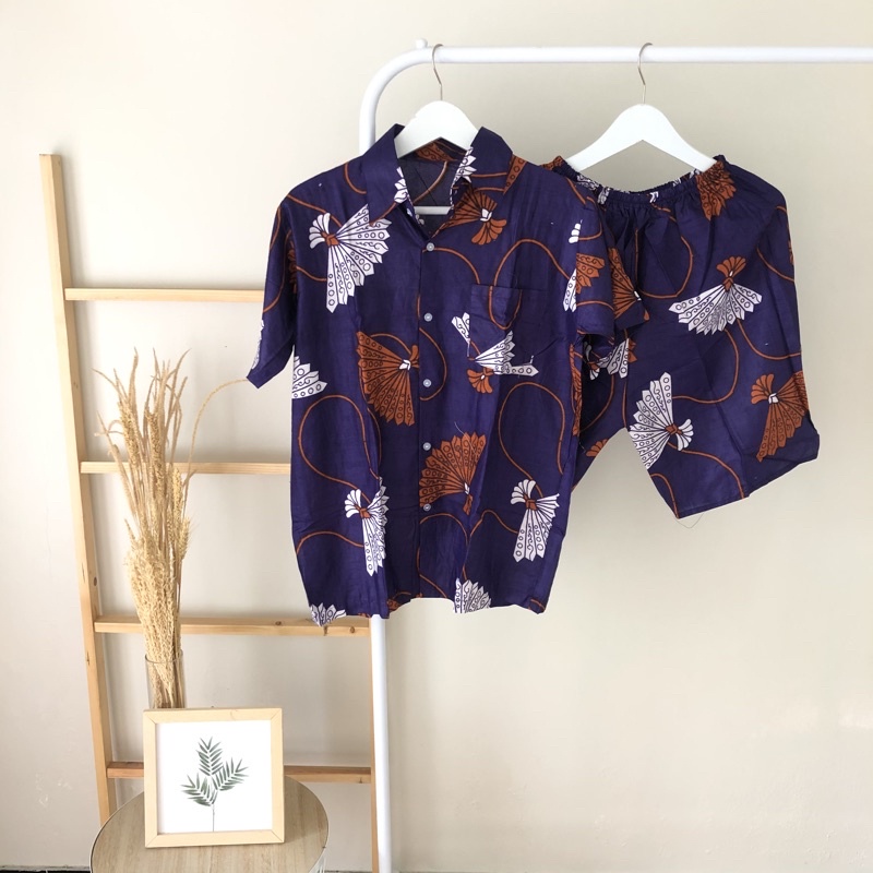 hirafa - One Set Setelan Atas Bawah Full Kancing / Baju Santai Tie Dye / Baju Wanita Pria-Kipas - Ungu