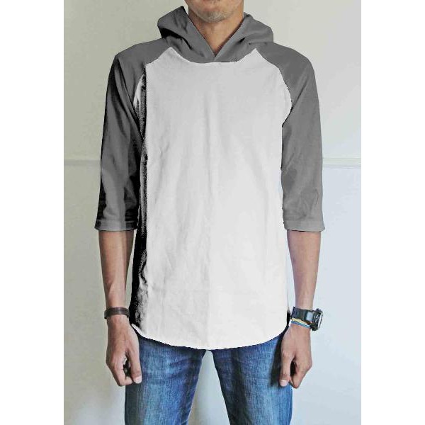 Tshirt / Kaos Raglan Hoodie Pria / Cowok Body Putih, Combed Murah Grosir