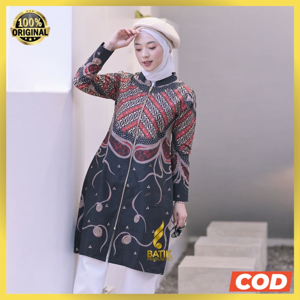 Motif ULFA HITAM Atasan Batik Wanita Elegan Prabuseno Ori Tunik Lengan Panjang Lapis Furing Baju Ker