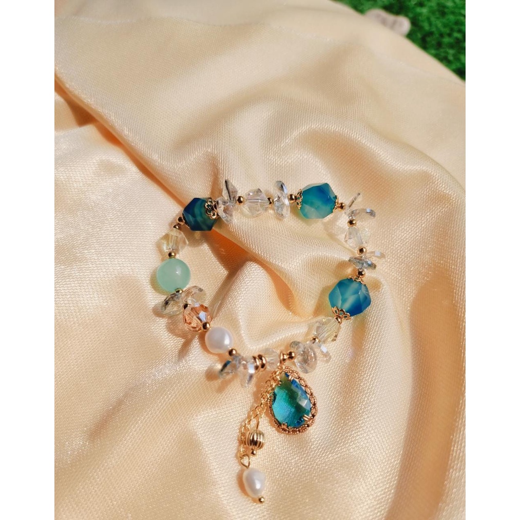 COD! gelang tangan wanita giok batu biru variasi anti karat import