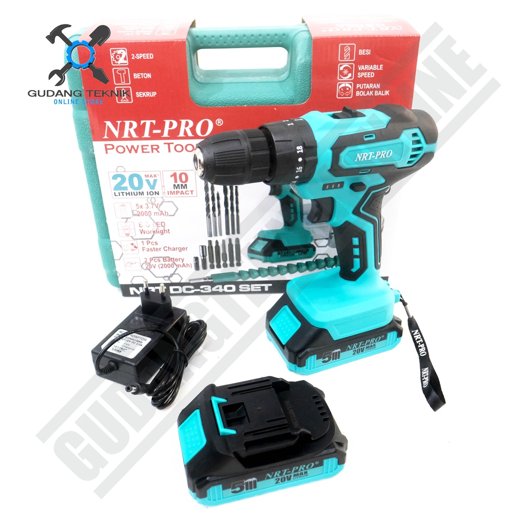 Cordless Drill NRT PRO DC 340 SET / Mesin Bor Baterai Impact Drill 20V Bor Tembok Beton Plus Set Aksesoris / DC340