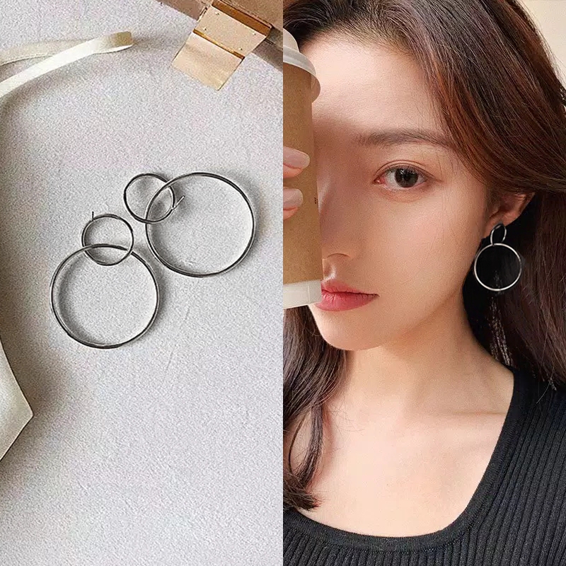 Anting tusuk panjang wanita kekinian versi korea Model Double Ring Bisa Untuk Hijab 396