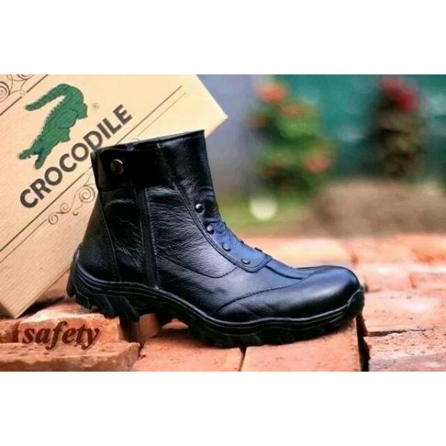 Sepatu Boots Pria Crocodile Boots Resleting Safety (Besi) Kulit Black