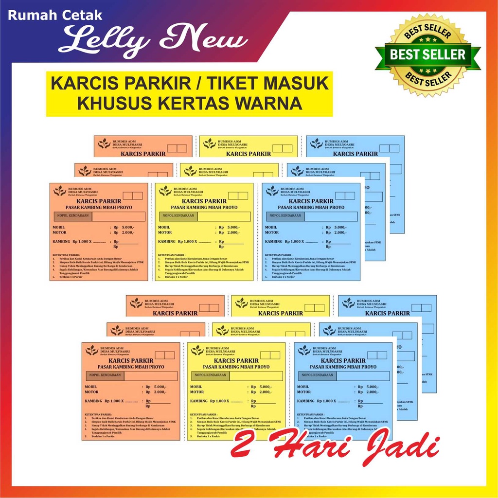 

KARCIS PARKIR / KUPON JALAN SEHAT , GOWES / TIKET MASUK (HVS 70 GRM UK. 6X21 CM) UNTUK KERTAS WARNA