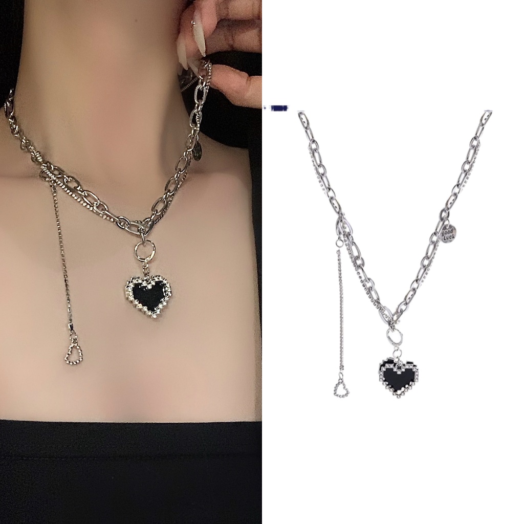 Kalung Rantai Clavicle Desain Hati Hitam Hias Zircon Gaya Koreamewah Untuk Wanita