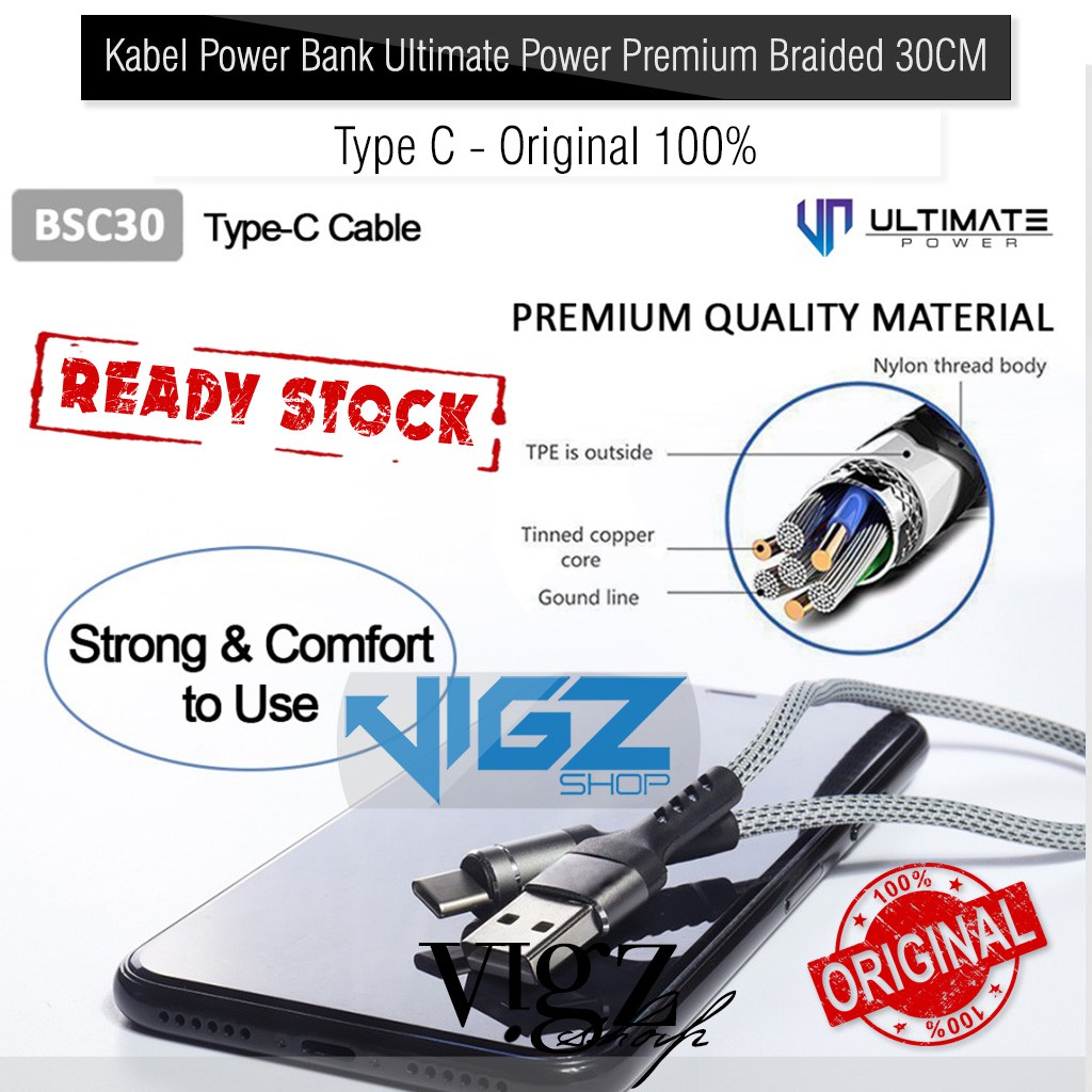 Kabel Power Bank Type C 30CM Ultimate Power Premium Braided Fast Charging QC 3.0