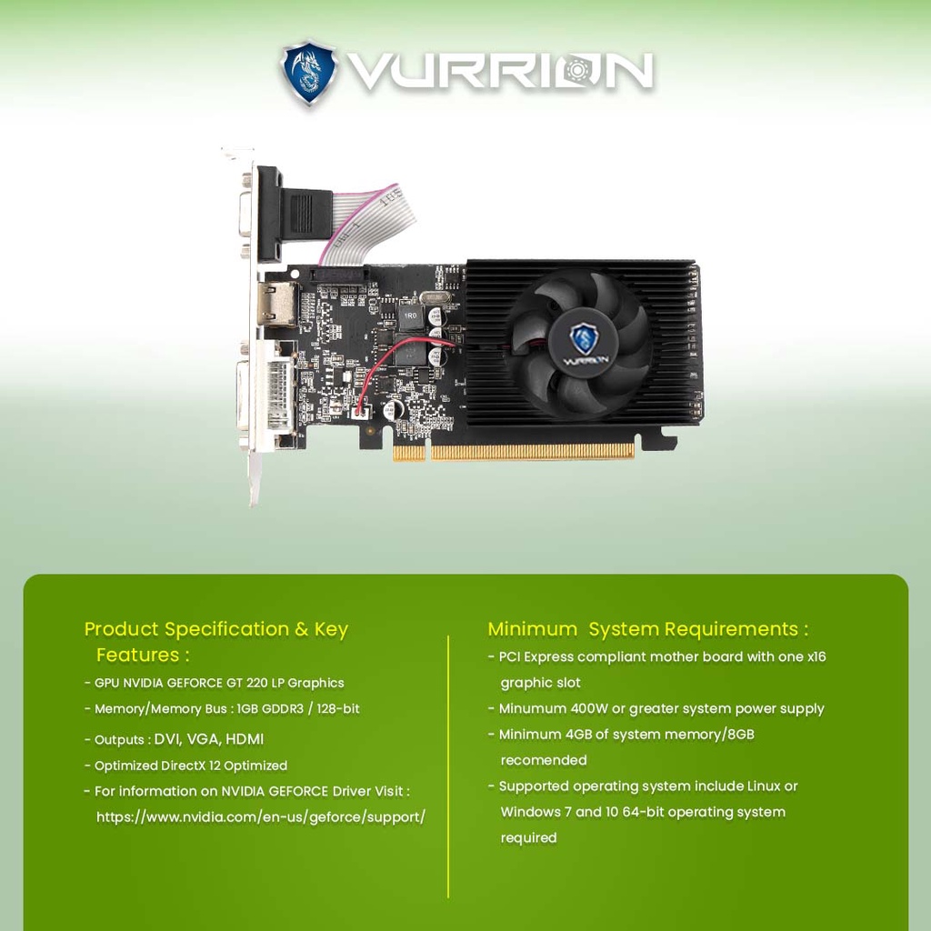VGA Geforce Nvidia GT 220 1GB GDDR3 128Bit Vurrion [ LP -Low Profile ] GPU GT220 Garansi Resmi 2 Tahun
