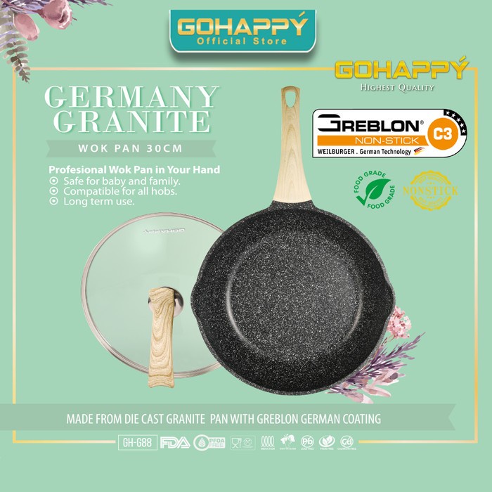 Gohappy Wok Pan German 30 cm - Wajan Masak Greblon c3 die Cast Kualitas Bagus