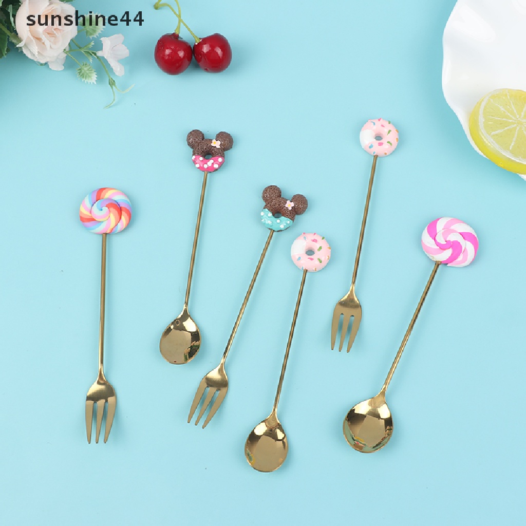 Sunshine 4pcs / set Sendok / Garpu Aduk Donat / Permen / Susu / Kopi Untuk Peralatan Dapur