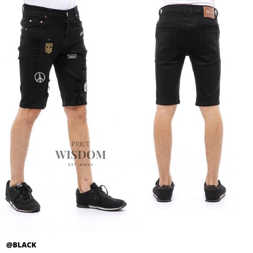 Wisdom - Celana Jeans Pendek Pria Import Sobek Emblem Extream Original Softjeans Stretch / Short Pants Denim Skinny / Full Tag &amp; Label