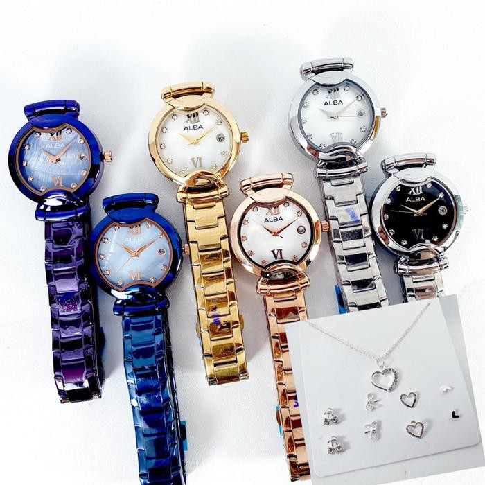 Terlaris Jam tangan wanita Alba tanggal aktif free kalung+4pcs anting Diskon