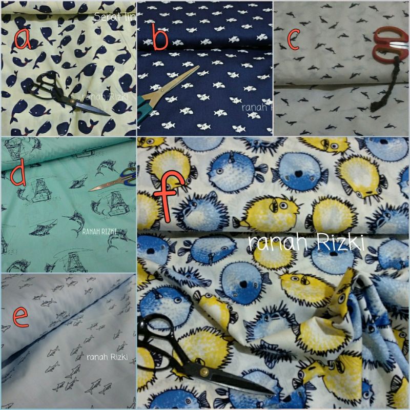 kain katun motif ikan kk053 / bahan kemeja karakter hewan laut / poplin cotton