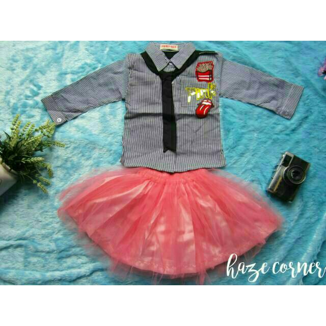Setelan rok tutu kemeja lengan panjang baju anak bayi 1- 2 tahun lucu murah ulang hem perempuan