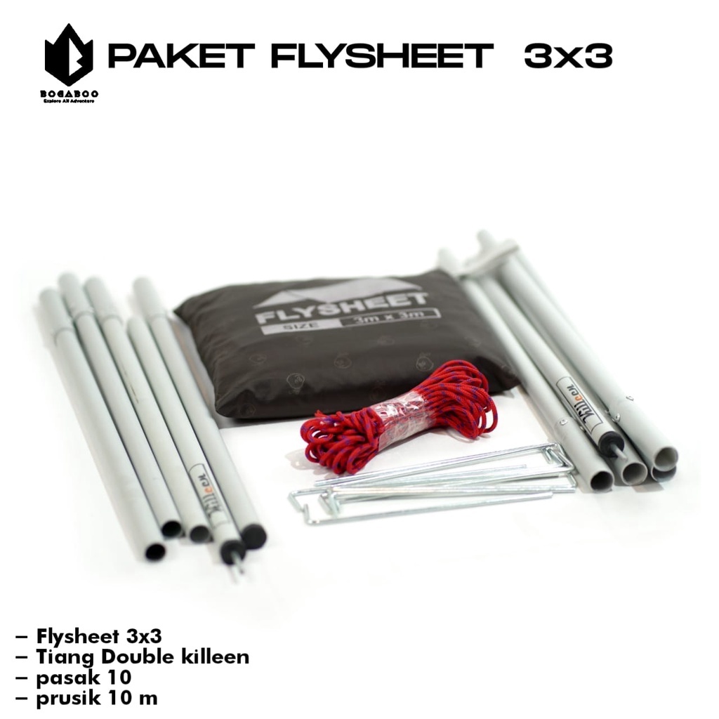 BISA (COD) PAKET Tiang DOUBLE Killeen + Flysheet 3X3 + Tali Perusik 10 M + Pasak 10Pcs