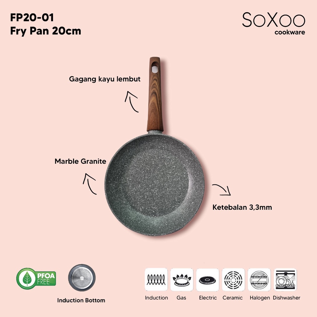 Fry Pan Marble 20 cm Induksi Anti Lengket Frying Wok Pan Soxoo FP20-01