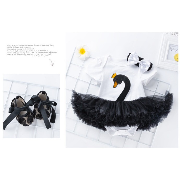 Set baju jumper tutu bayi / pakaian romper dengan bandana dan sepatu  perempuan motif angsa