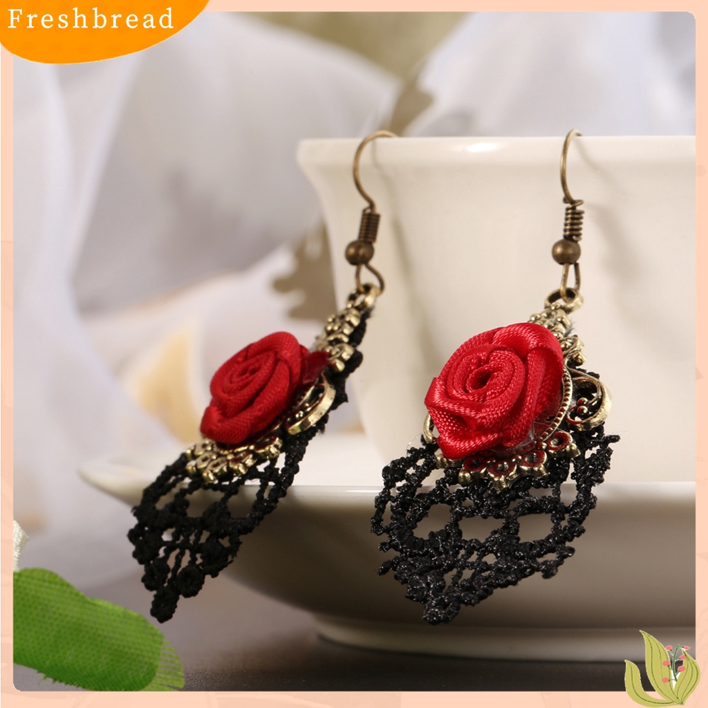 【Fresh】1 Pair Vintage Gothic Vampire Halloween Black Lace Red Flowers Dangle Earrings