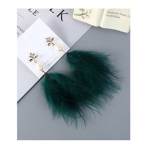 LRC Anting Tusuk Fashion Feather Pearl Alloy Leaf Stud Earrings Y63774