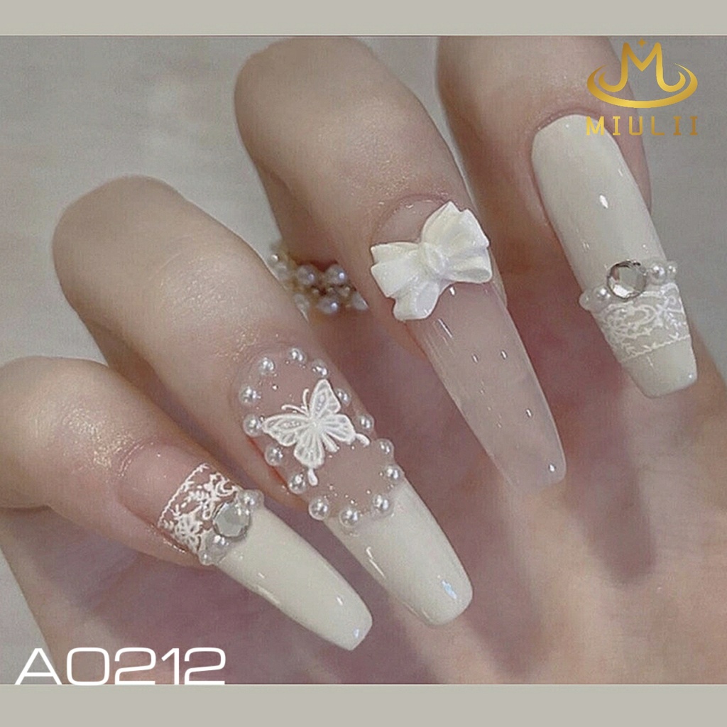 MIULII / KUKU PALSU PANJANG Romantic White A0212  / 24PCS / 3D / NAIL ART / PREMIUM / CUTE / PUTIH / WEDDING  / FREE LEM JELLY / KUTEK