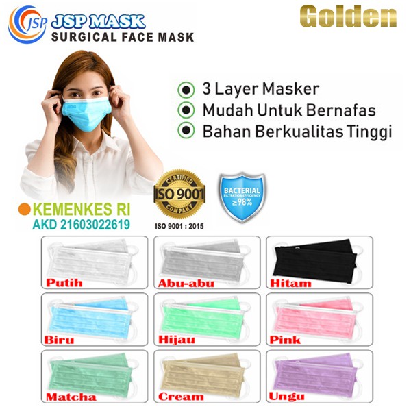 JSP Masker Earloop Masker 4 ply / 3 ply Surgical Kemenkes Medis isi 50