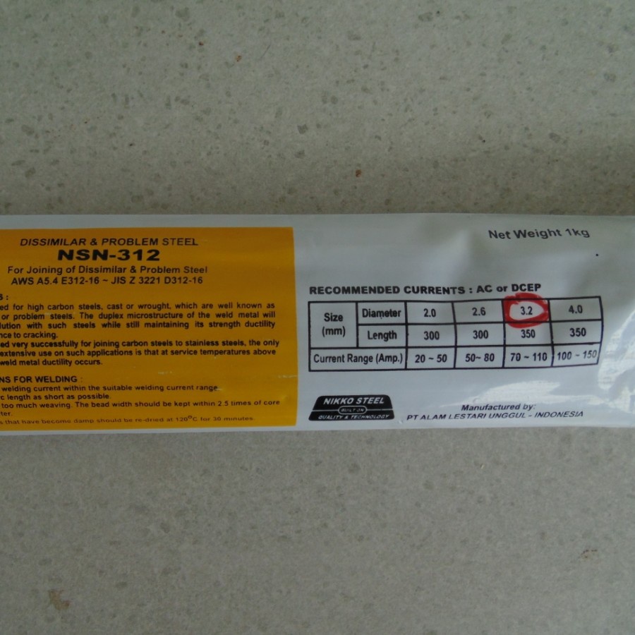 Kawat Las Stainless NSN 312 3.2mm NIKKO STEEL NSN-312 1Kg