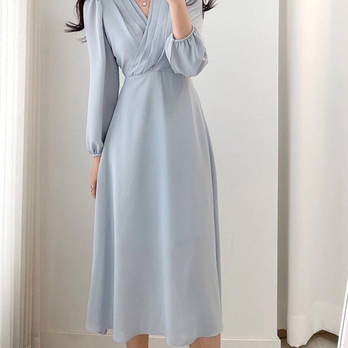 New - D0749 MILLIE KOREAN STYLE VINTAGE MIDI DRESS POLOS HIJAB FRIENDLY CASUAL LOOK BABY BLUE BLACK 