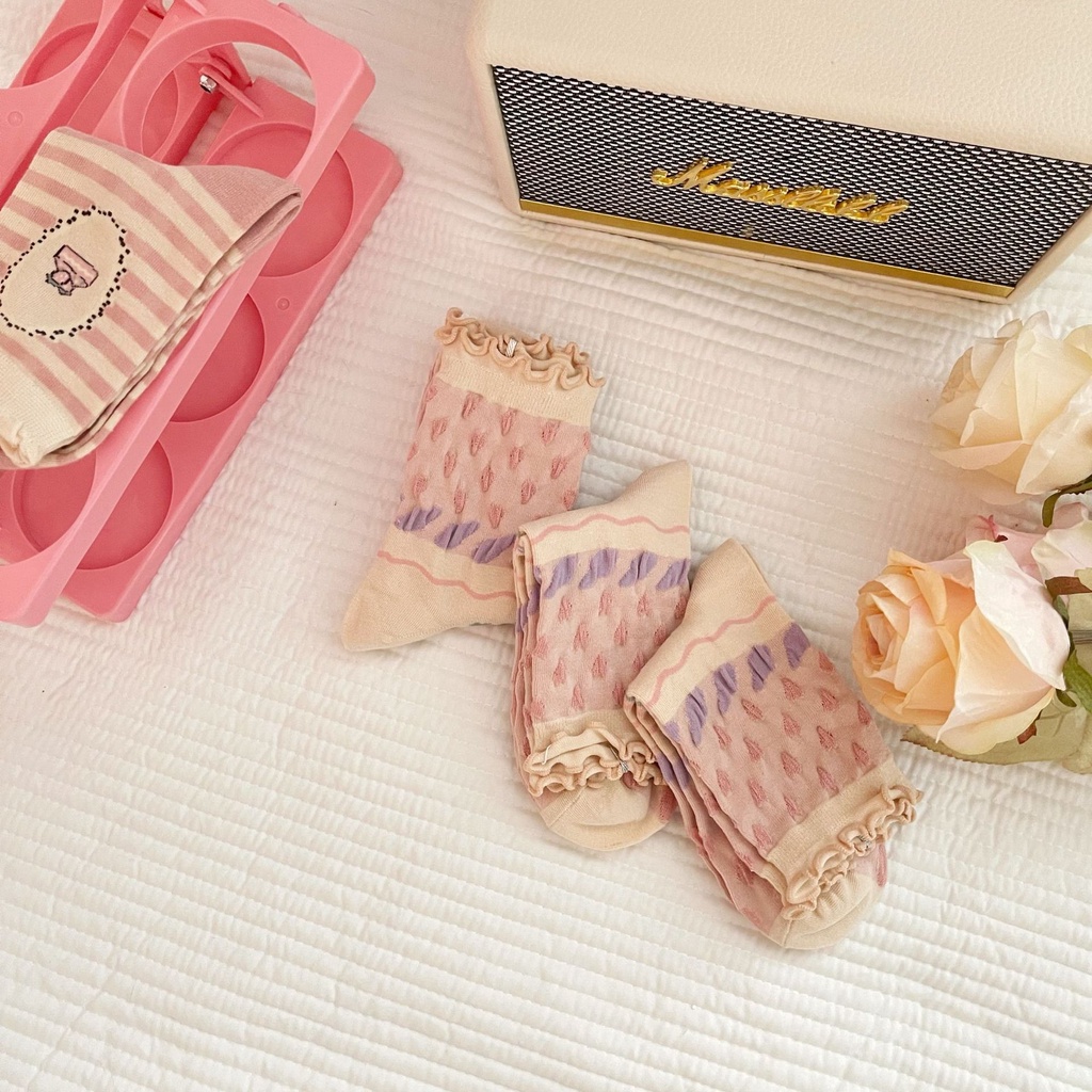 Jepang Gadis Lembut Lolita Renda Kaus Kaki Wanita Lucu Merah Muda Kue Strawberry Tiga Dimensi Relief