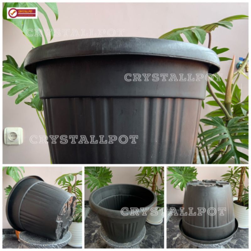 Pot bunga tanaman plastik hitam GRACE 35cm kuping