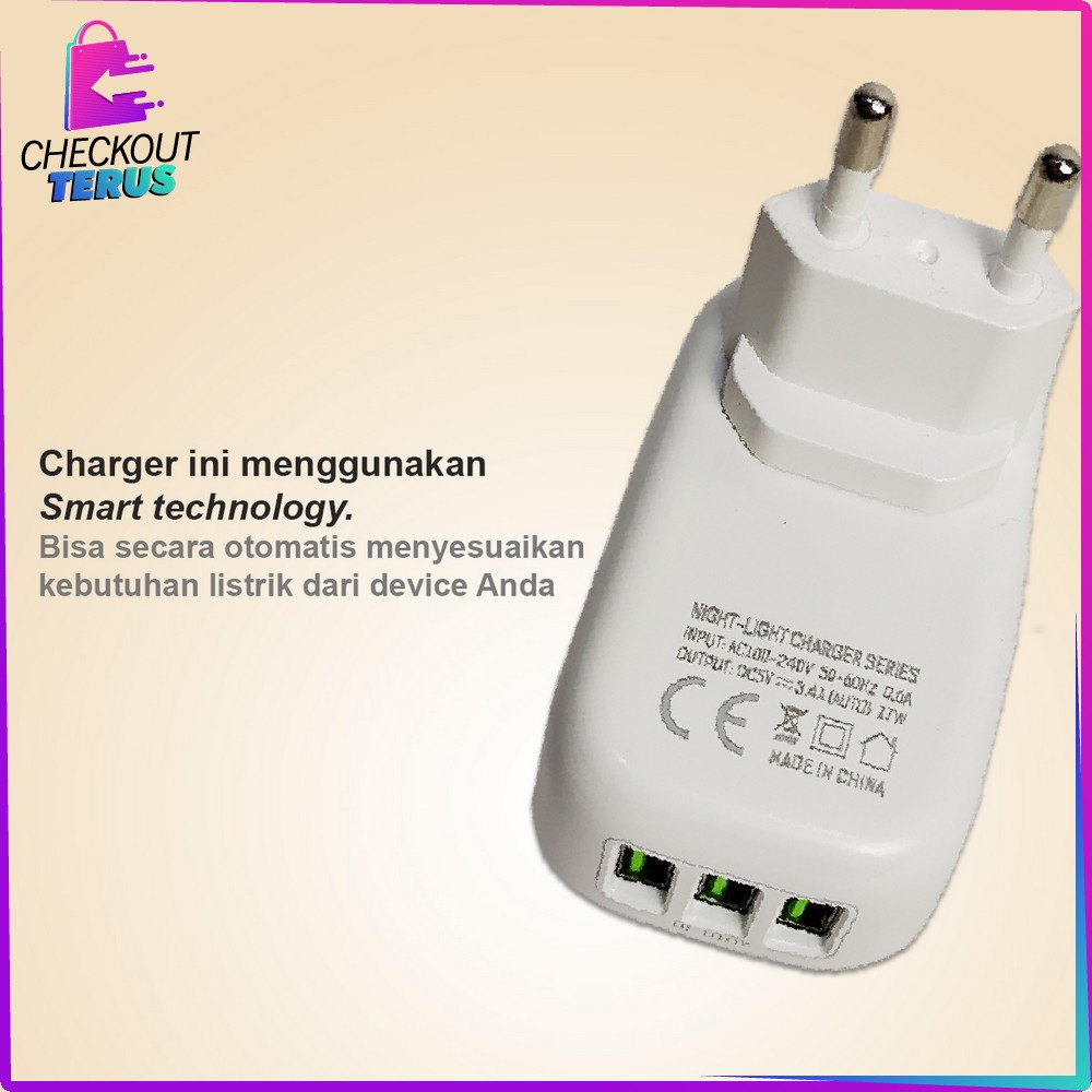 CT C464 Charger 3 USB Pengisi daya Adaptor Port Charger USB dengan Lampu Led Tidur Hemat Energi