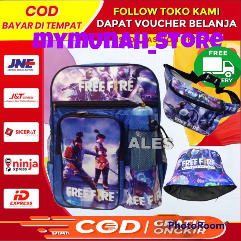 Tas Ransel Fashion Sekolah Anak Laki Laki TK SD Free fire/gratis topi BUCKET