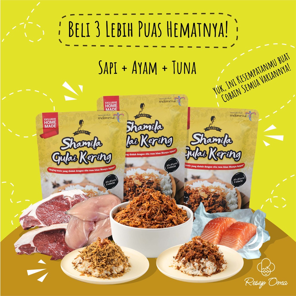 

PAKET LENGKAP ISI 3 GULAI KERING, MAKANAN INSTAN SIAP SAJI SAPI AYAM TUNA PREMIUM BY RESEP OMA