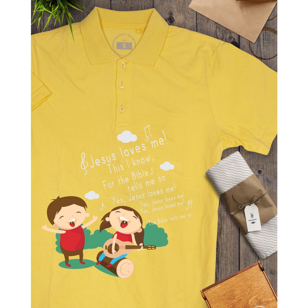 RESTOCK KAOS ROHANI KRISTEN HANDESIGN KATUN COMBED BERKERAH KUNING SEKOLAH MINGGU JESUS LOVES ME/ CO