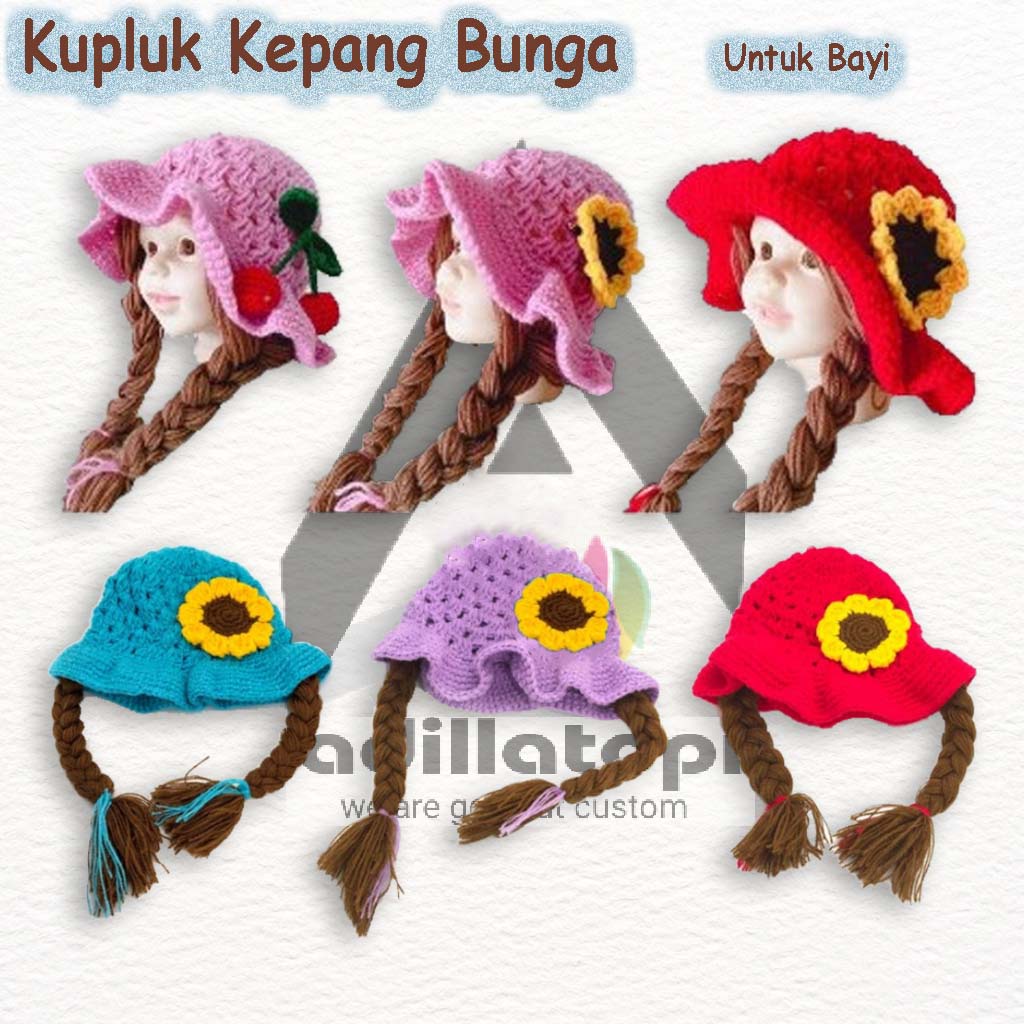 TOPI KUPLUK KEPANG SULAM MOTIF BUNGA MATAHARI | KUPLUK BAYI | KUPLUK BAYI PEREMPUAN