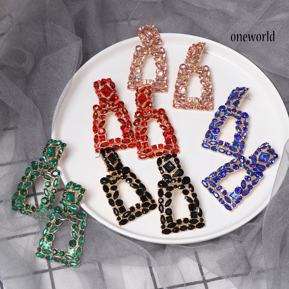 OW# Women Rhinestone Hollow Out Geometric Dangle Ear Stud Earrings Jewelry Gift