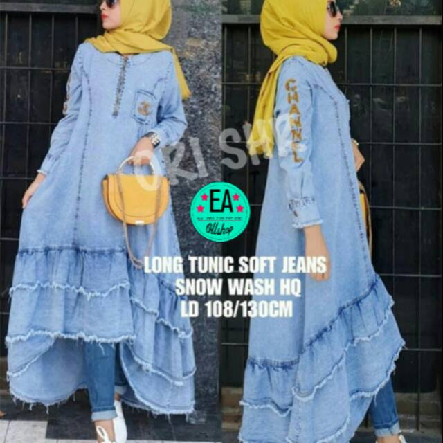 BISA COD 《LD108-PB130cm》RECOMENDED LONG TUNIK SOFT JEANS SNOW WASH HQ /ORI SHR/BORDIR ORI 100%..