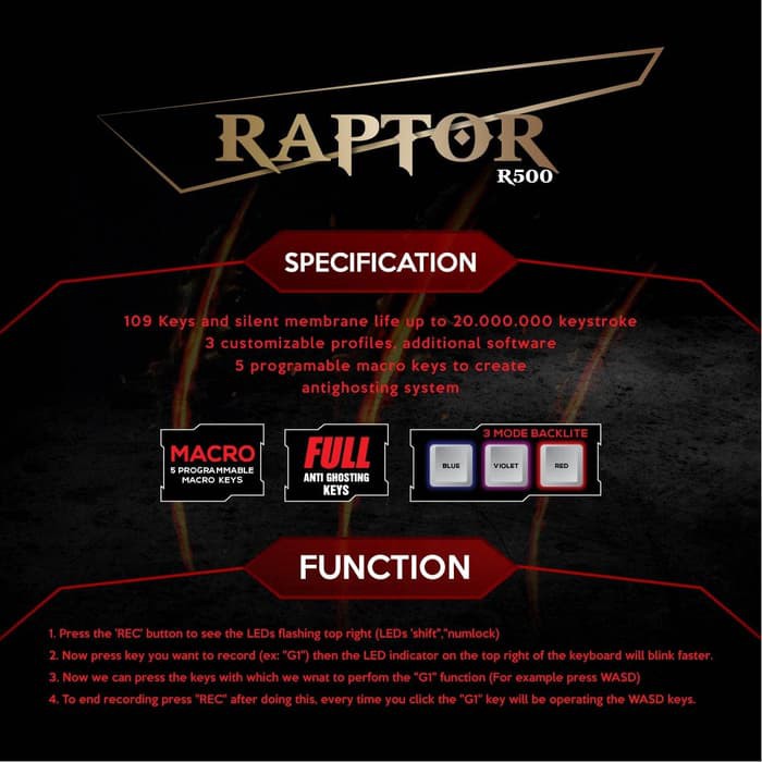 Keyboard gaming Imperion wired usb 2.0 membrane multimedia fullsize 109 keys led backlight with macro program Raptor kg-r500 r-500