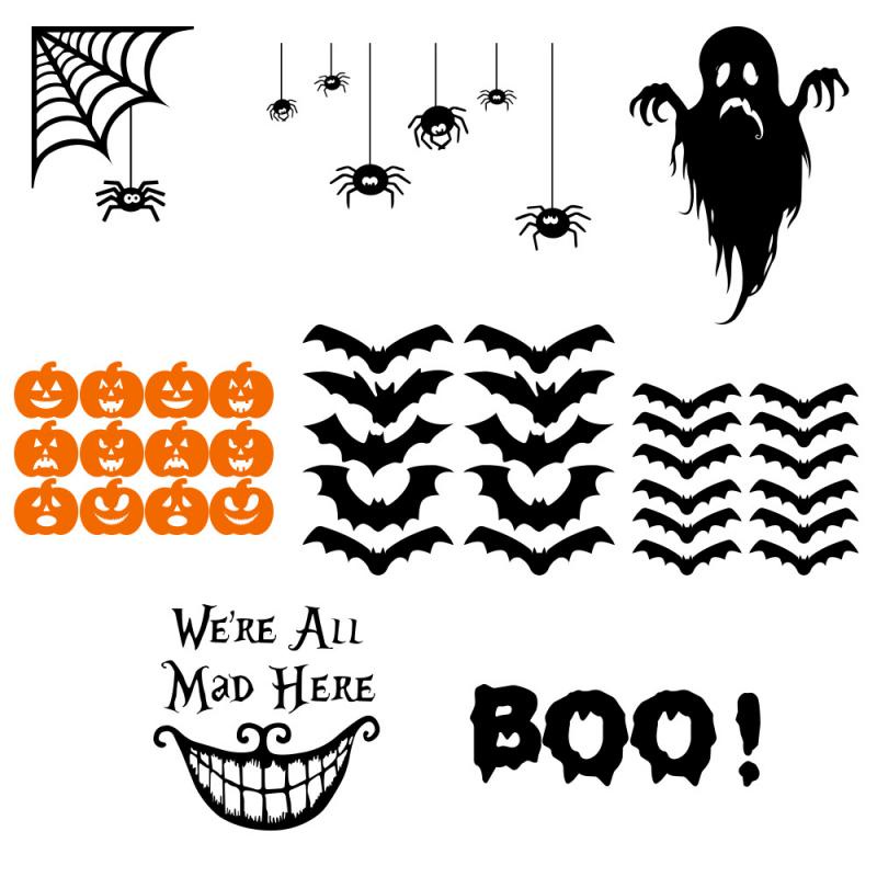 Stiker Dinding Decal Desain Hantu Kelelawar Labu Laba-Laba Untuk Halloween  Aksesoris Tulisan We 'Re All Mad Here Untuk Dekorasi Pesta